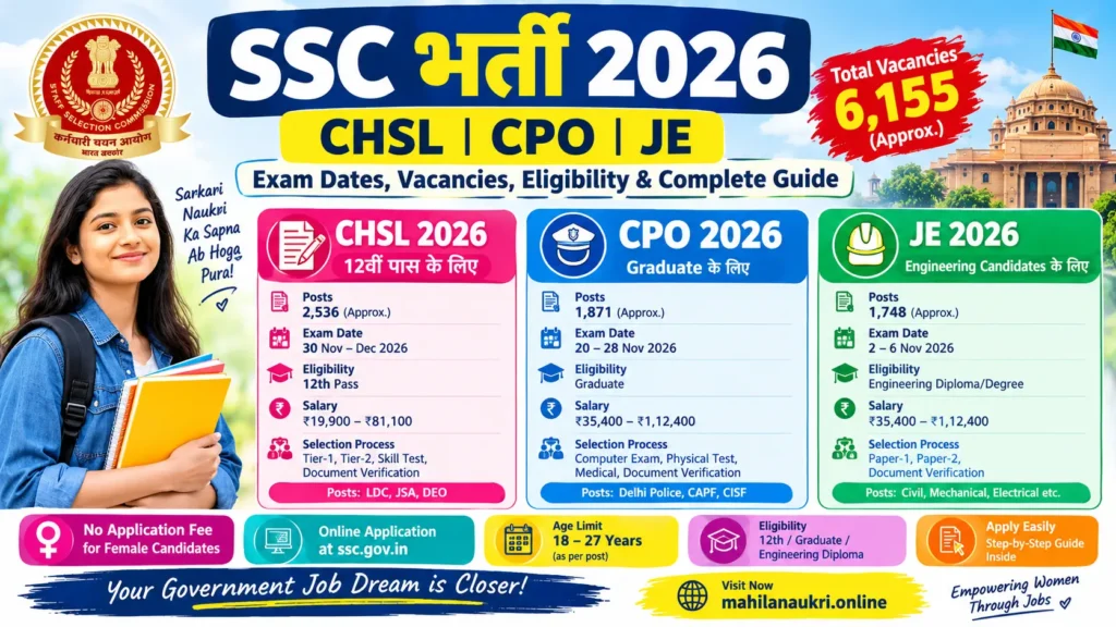 एसएससी भर्ती 2026: नवंबर-दिसंबर में 3 बड़े एग्जाम, 6,155 पोस्ट — महिलाओं के लिए पूरी गाइड